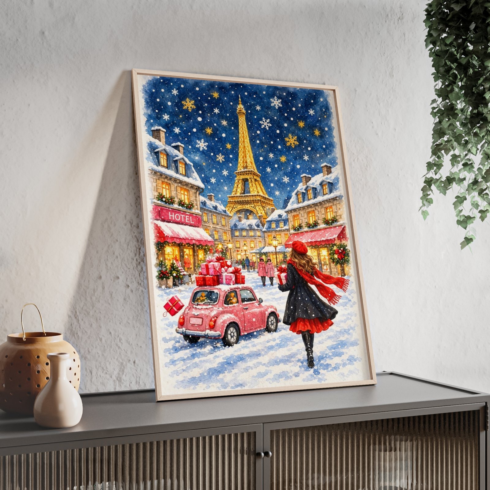Paris Winter Holiday Poster with Wooden Frame — Eiffel Tower Christmas Street Scene - Image 63