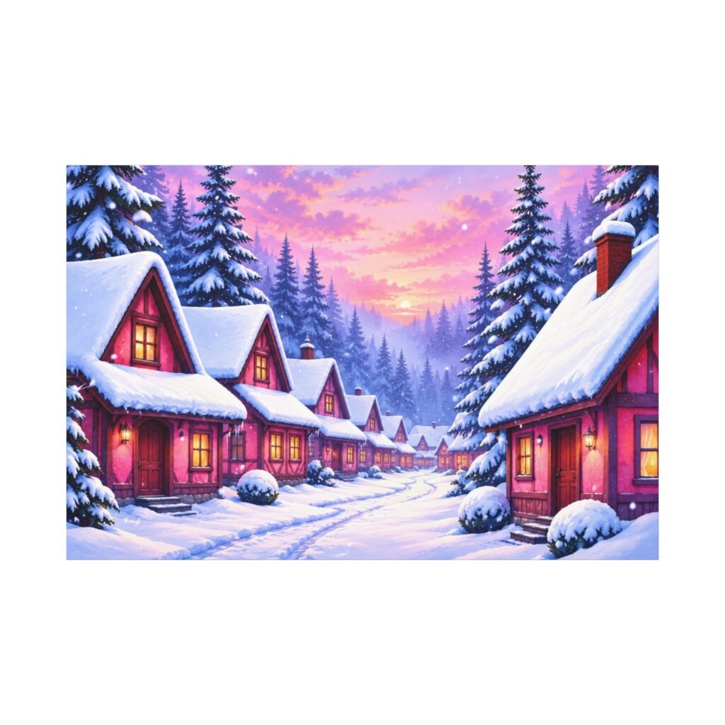 Winter Village Canvas Wall Art — Snowy Cottage Sunset Matte Stretched Print