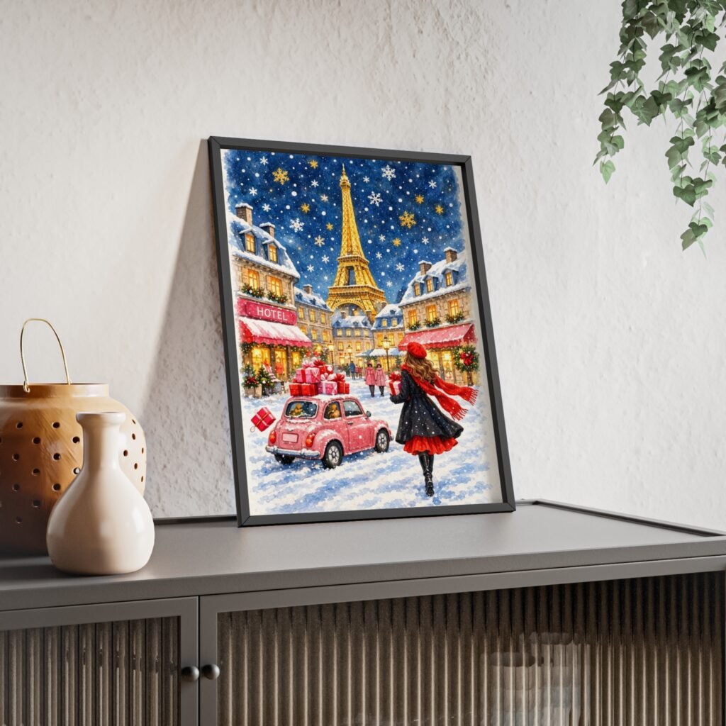 Paris Winter Holiday Poster with Wooden Frame — Eiffel Tower Christmas Street Scene