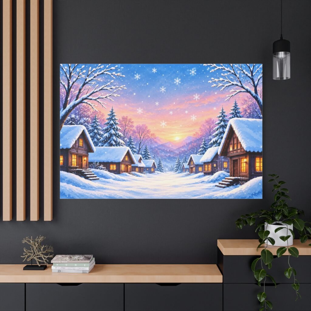 Winter Cabin Canvas Print — Snowy Village Sunset Matte Stretched Wall Art