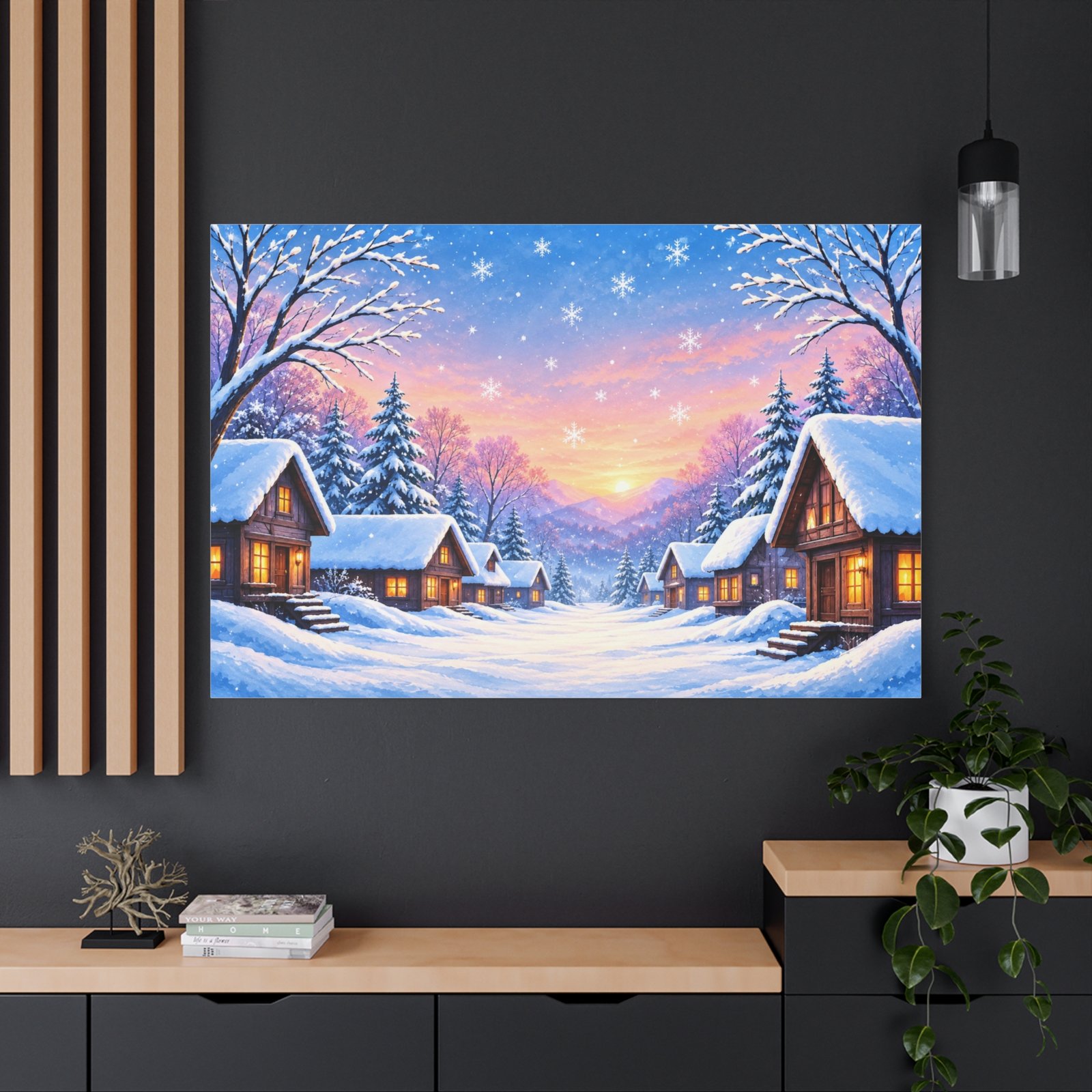 Winter Cabin Canvas Print — Snowy Village Sunset Matte Stretched Wall Art - Image 4