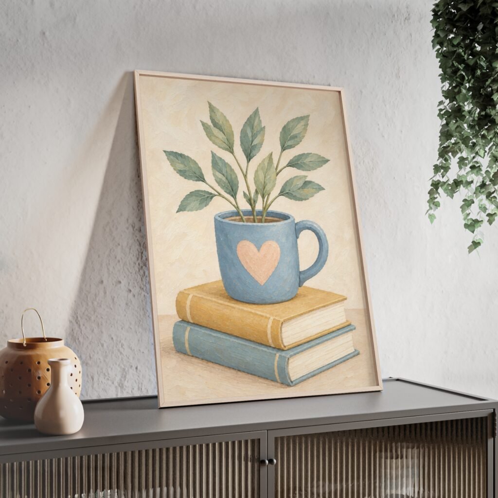 Botanical Coffee Mug Wall Art Poster with Wooden Frame — Cozy Plant & Books Print