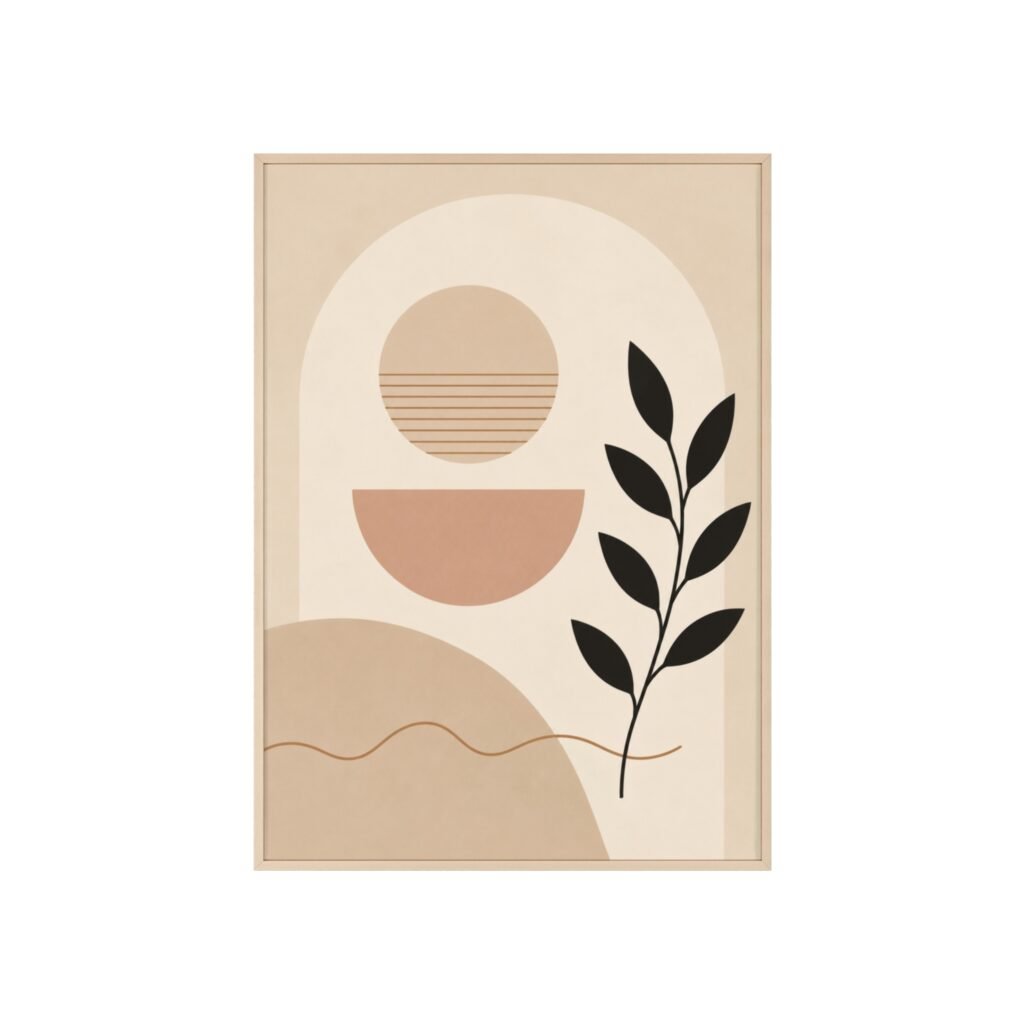 Abstract Boho Wall Art Poster with Wooden Frame — Minimalist Sun & Leaf Print