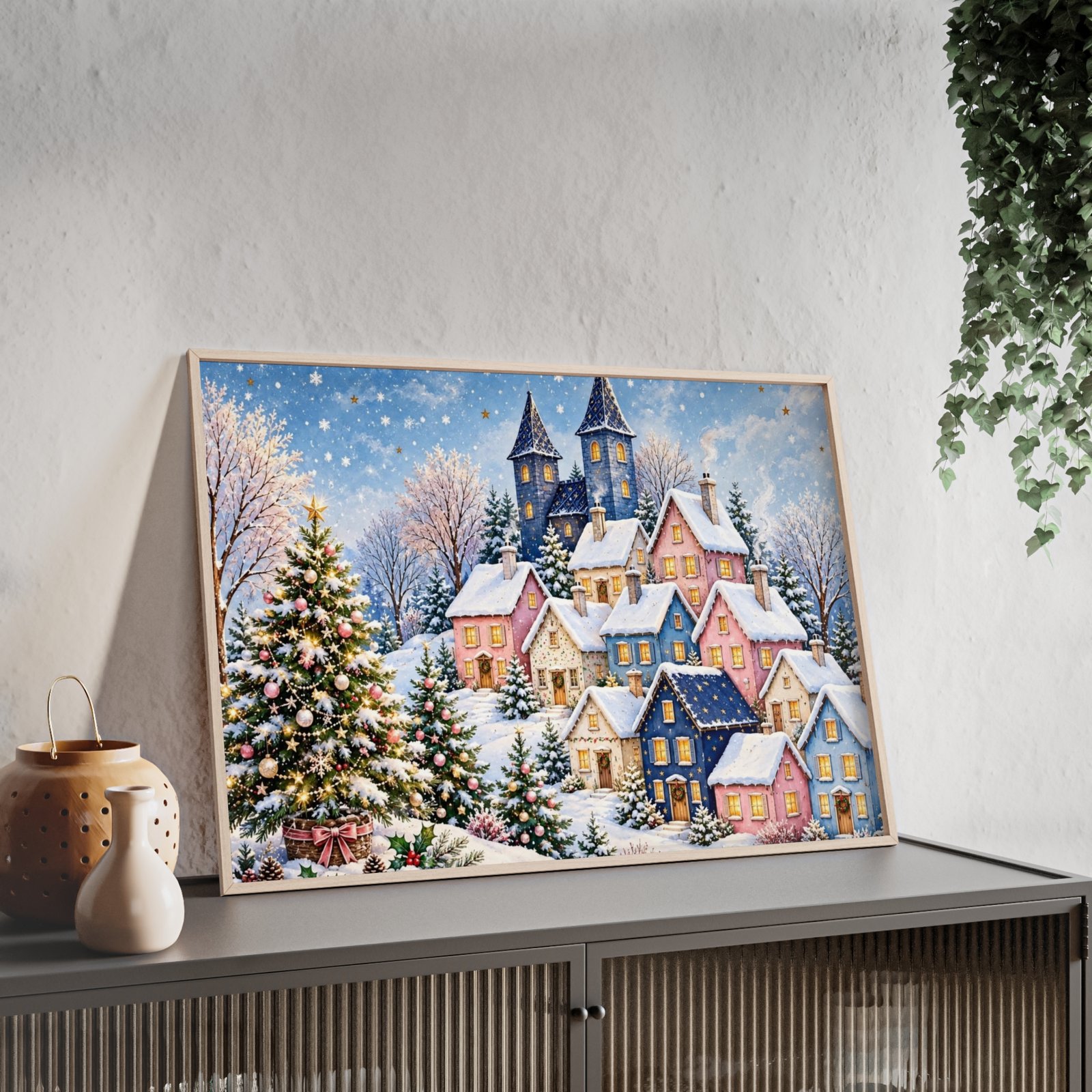 Framed Winter Village Poster – Snowy Christmas Town Wall Art - Image 3