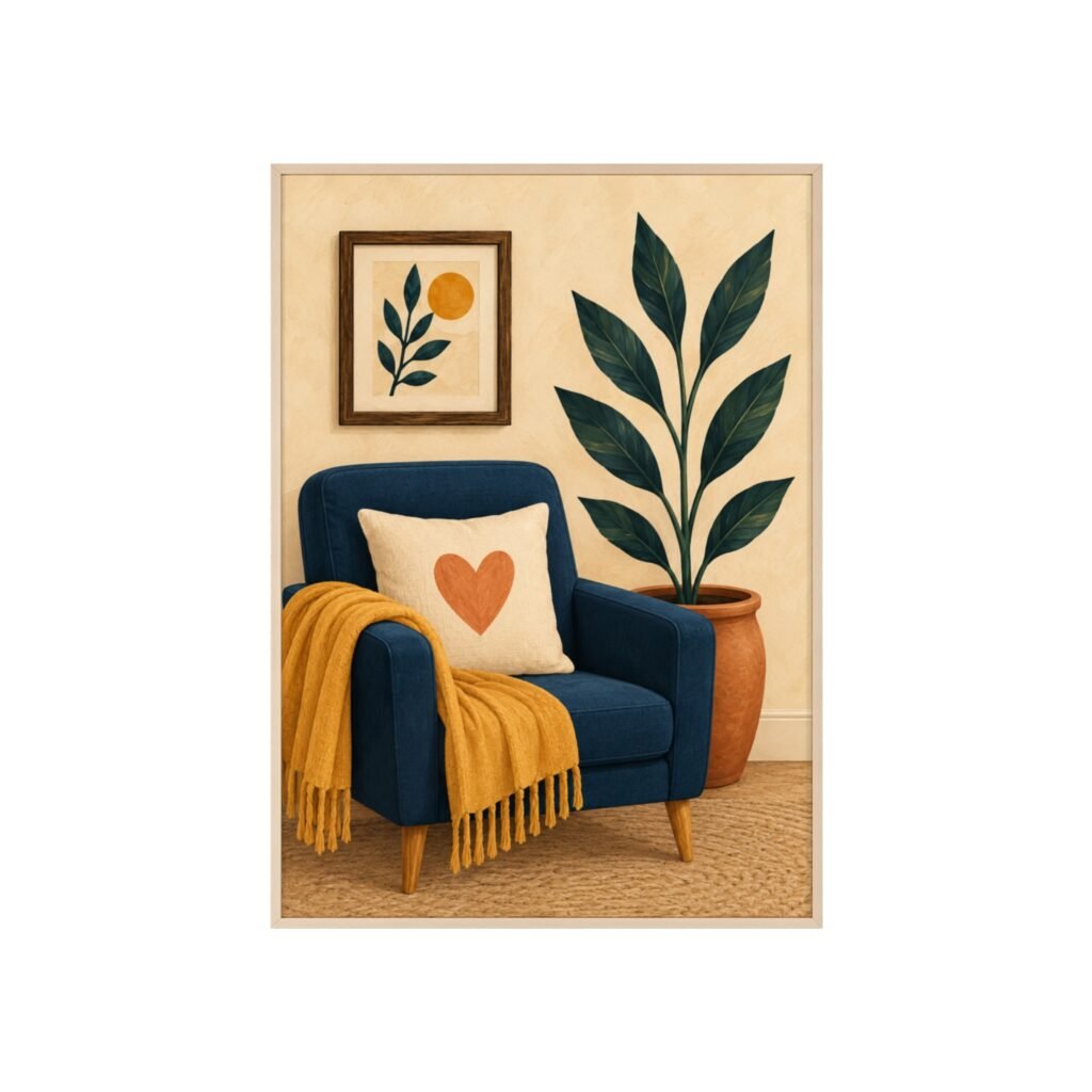 Cozy Living Room Botanical Poster with Wooden Frame — Heart Pillow Art Print
