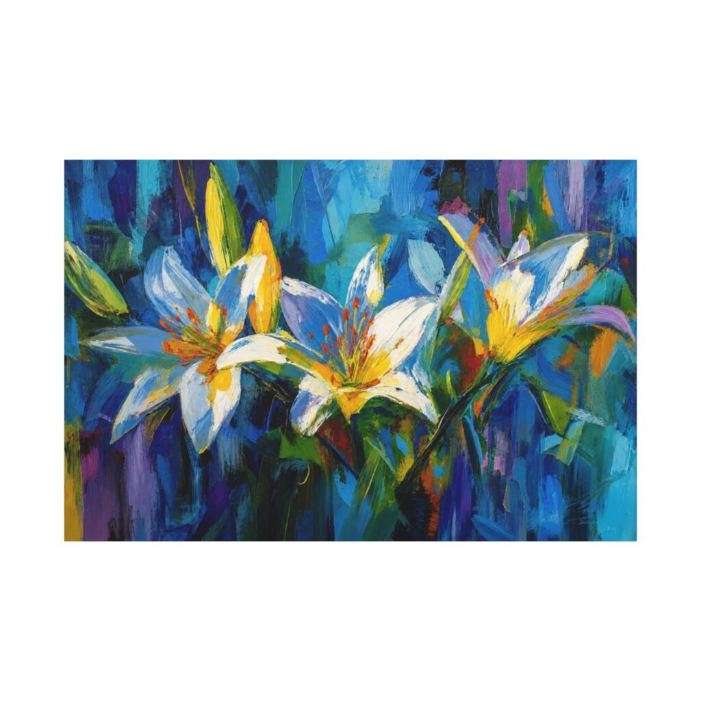 Blue & Gold Lily Abstract Wall Art Printable | Matte Stretched Wall Art