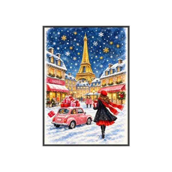 Paris Winter Holiday Poster with Wooden Frame — Eiffel Tower Christmas Street Scene - Image 49