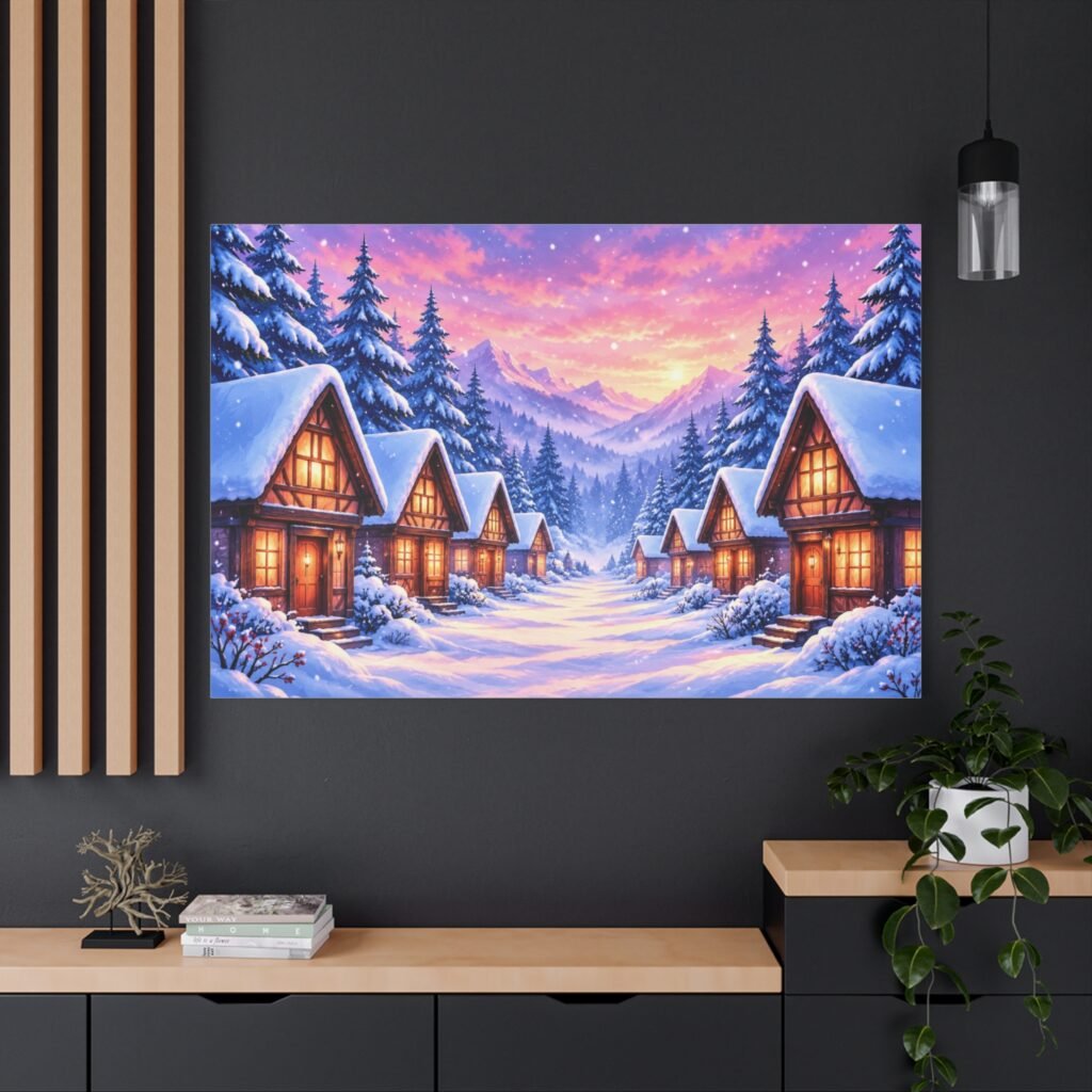 Winter Cabin Canvas – Cozy Snowy Village Matte Stretched Wall Art