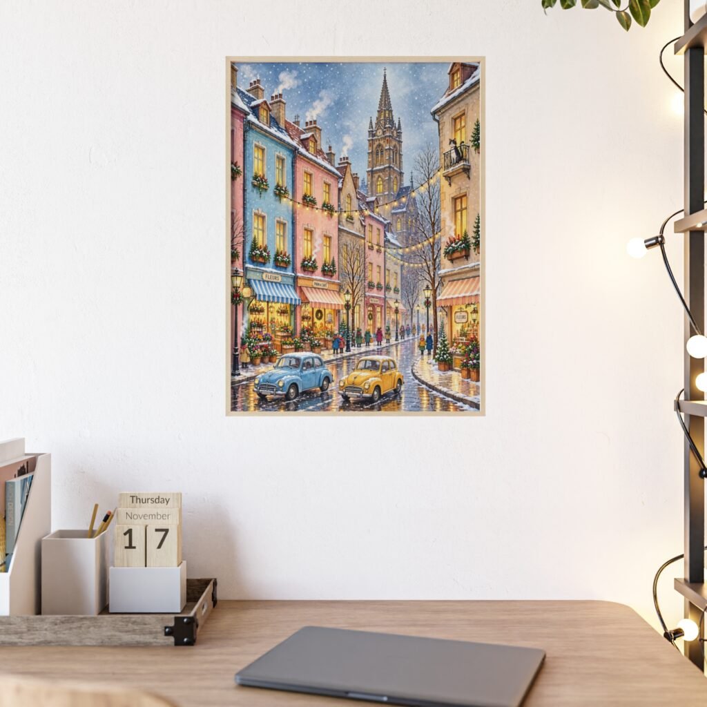 Vintage European Street Poster with Wooden Frame — Cozy Winter City Wall Art