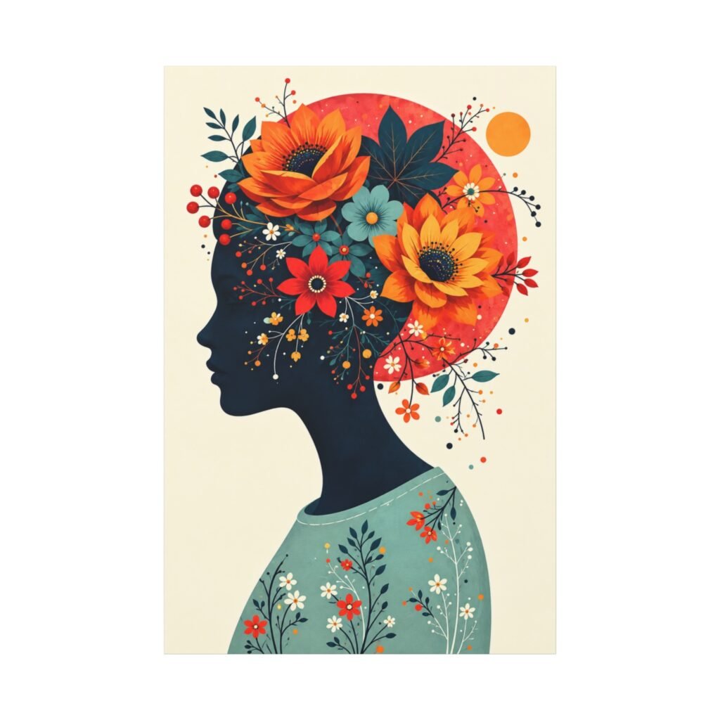 Floral Silhouette Canvas Wall Art — Woman Profile with Sunflower Crown