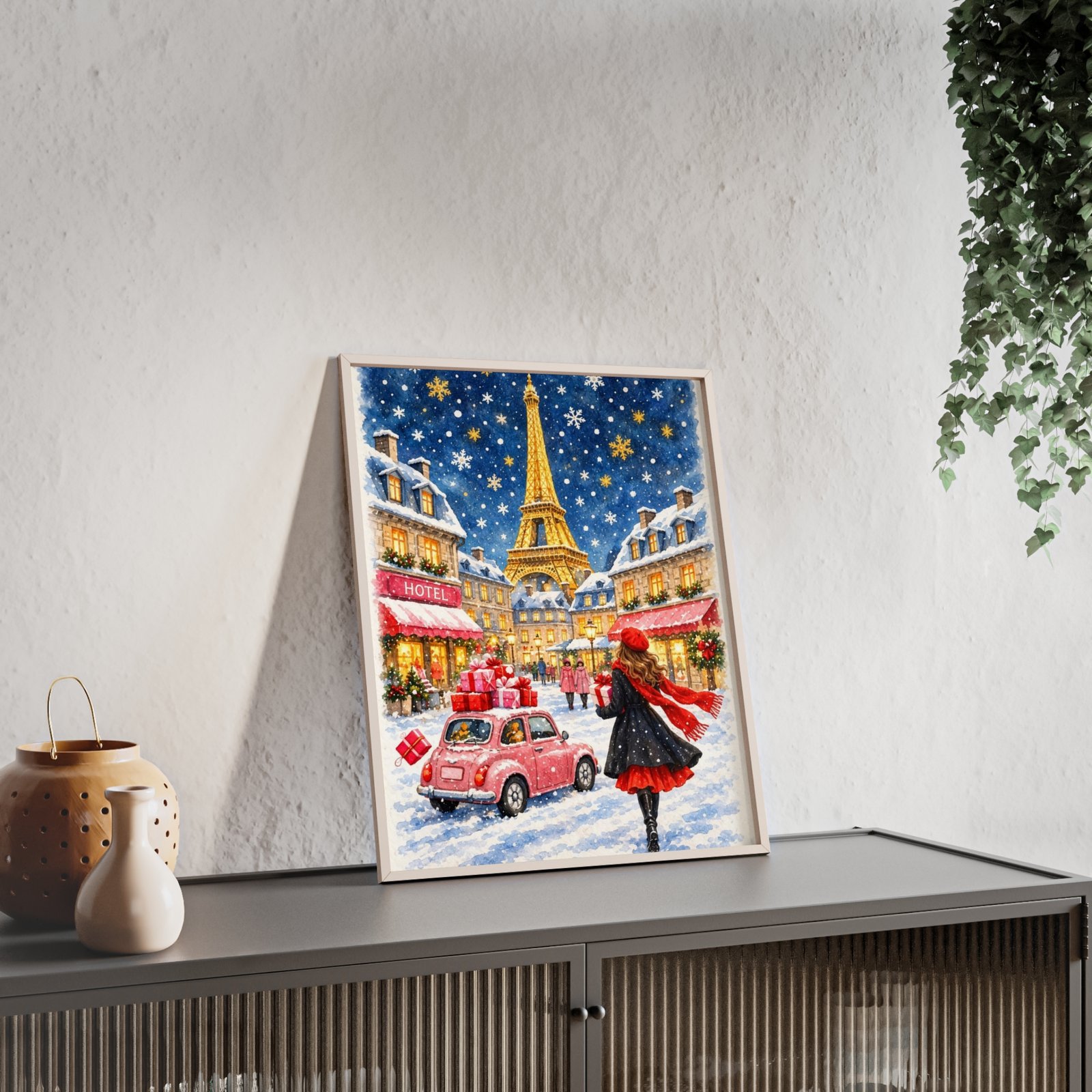 Paris Winter Holiday Poster with Wooden Frame — Eiffel Tower Christmas Street Scene - Image 39