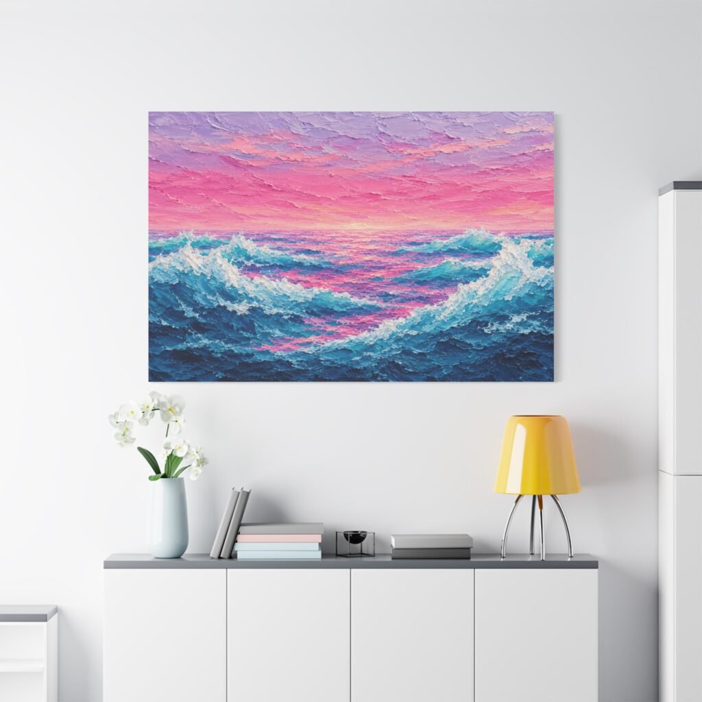 Ocean Sunset Canvas Wall Art — Pink & Teal Seascape Matte Stretched Canvas