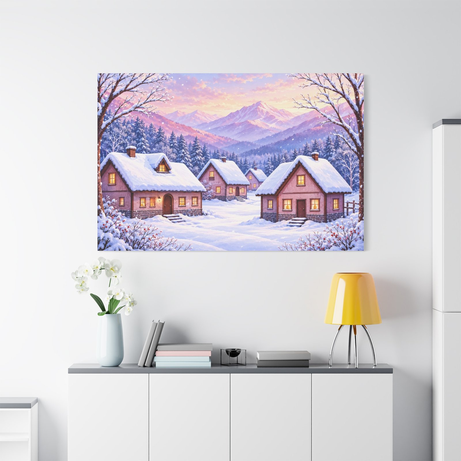 Winter Cottage Canvas Print — Snowy Village Mountain Landscape Matte Stretched Wall Art - Image 3