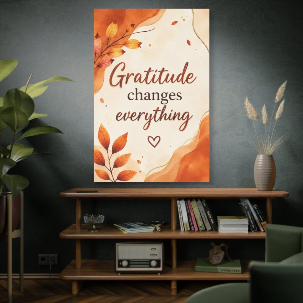 Gratitude Changes Everything Canvas Wall Art — Autumn Leaves Inspirational Quote