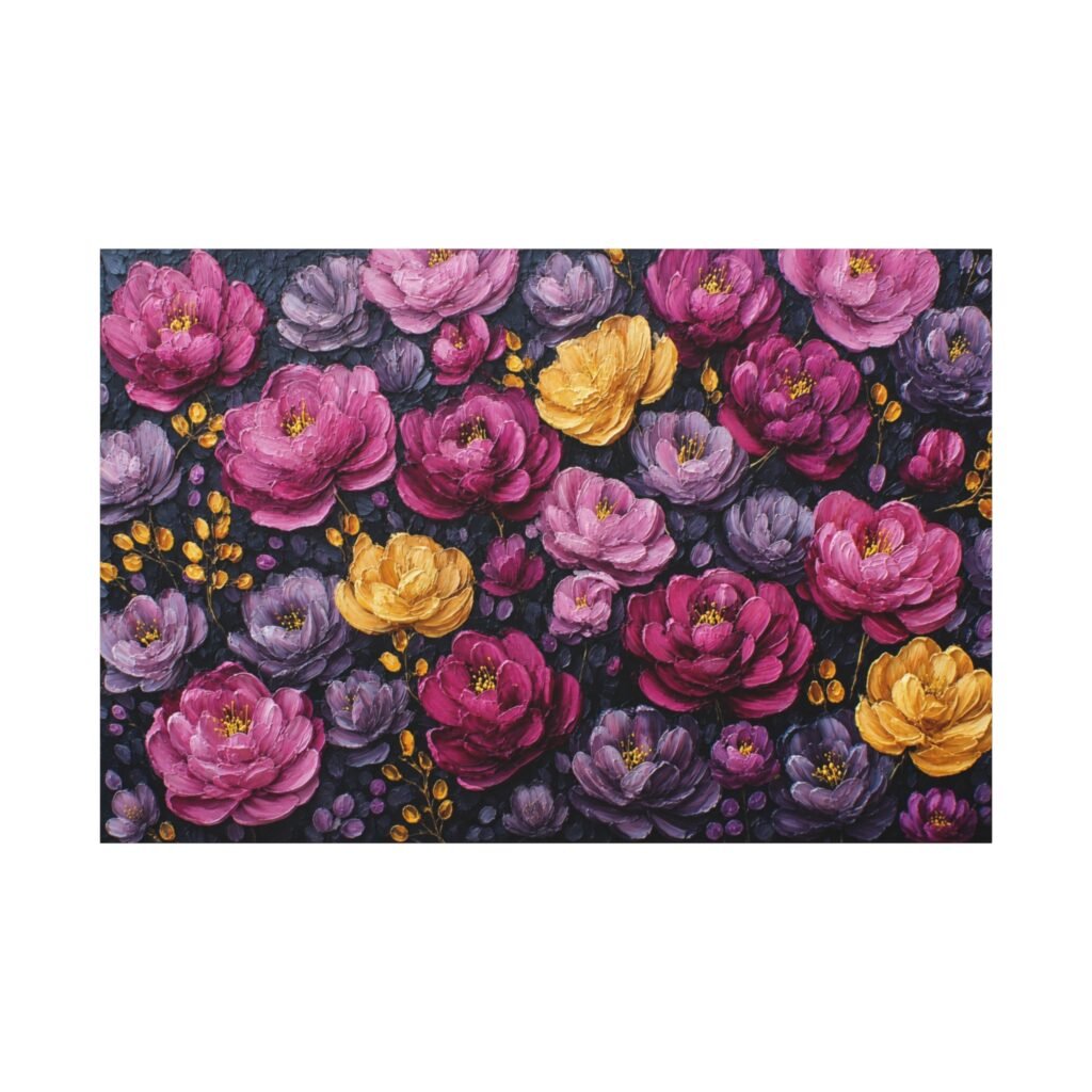 Floral Canvas Wall Art – Pink, Purple & Gold Peony Pattern, Stretched Matte Canvas