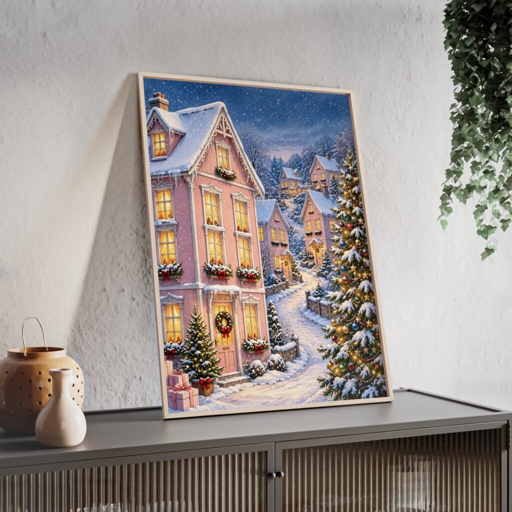 Framed Winter Village Christmas Poster – Snowy Holiday Street Wall Art