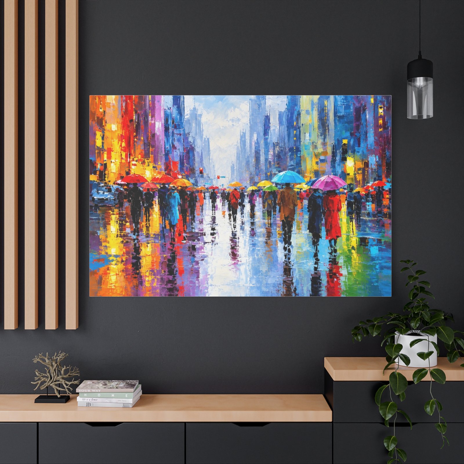 Colorful Rainy Cityscape Matte Canvas Print — Stretched Wall Art - Image 4