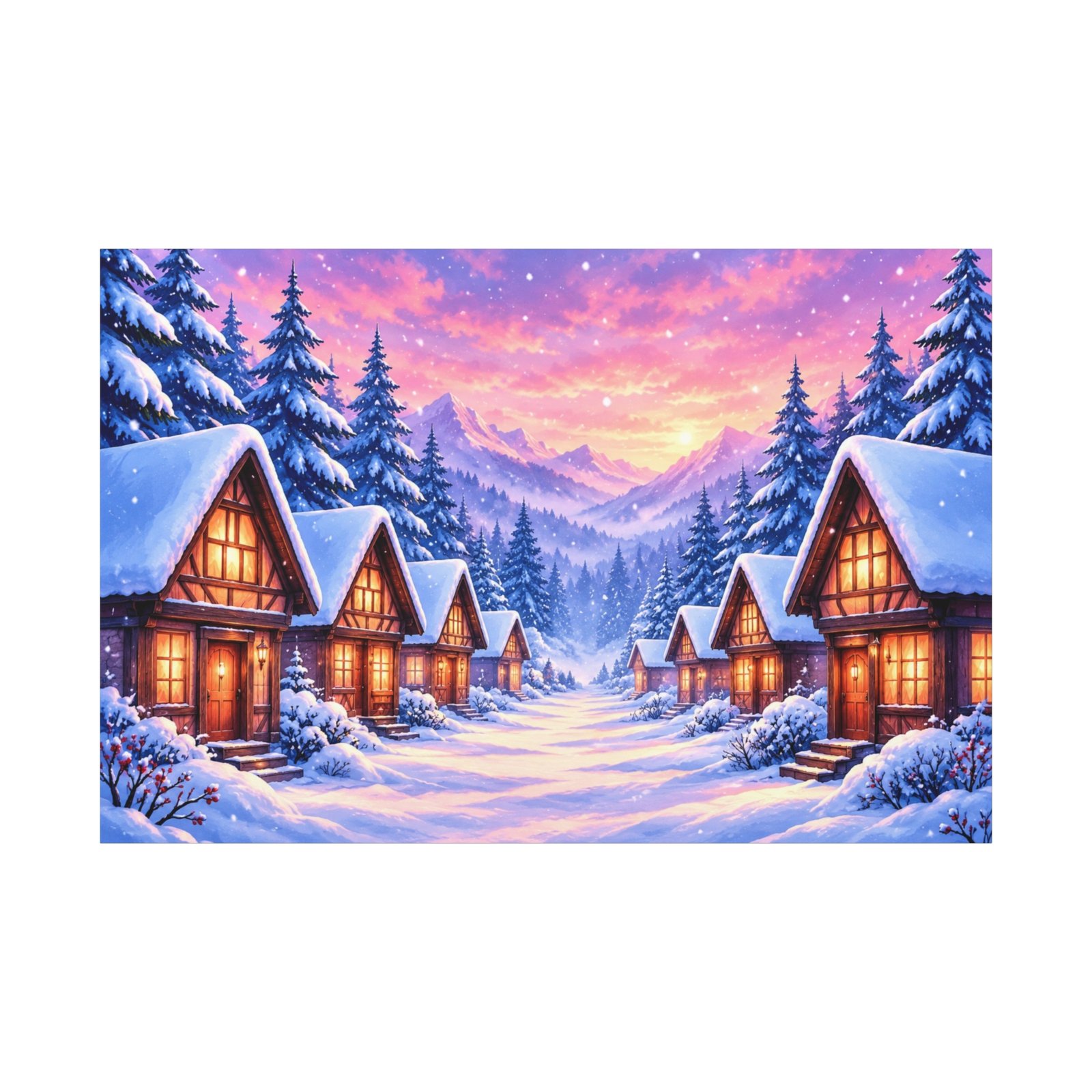 Winter Cabin Canvas – Cozy Snowy Village Matte Stretched Wall Art - Image 1