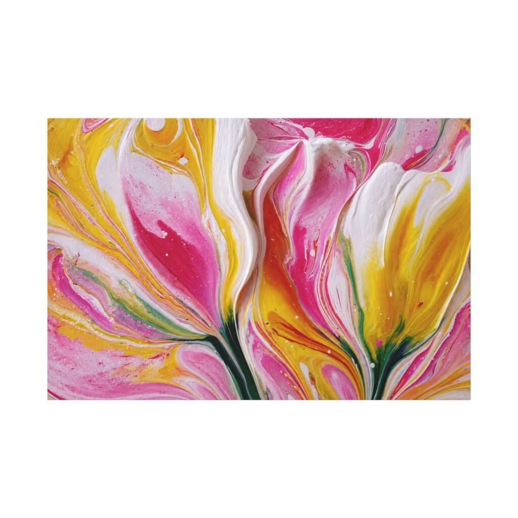 Abstract Floral Pour Art Matte Canvas Print — Pink & Yellow Stretched Wall Art