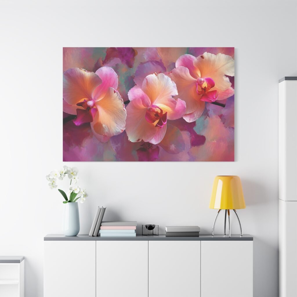 Orchid Bloom Matte Canvas Wall Art — Pink Peach Floral Stretched Canvas