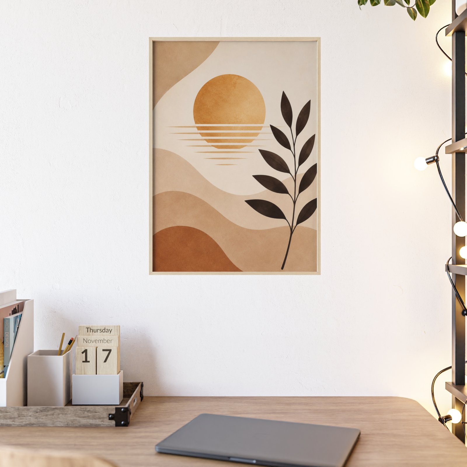 Midcentury Sun & Leaf Framed Poster — Abstract Boho Wall Art - Image 2