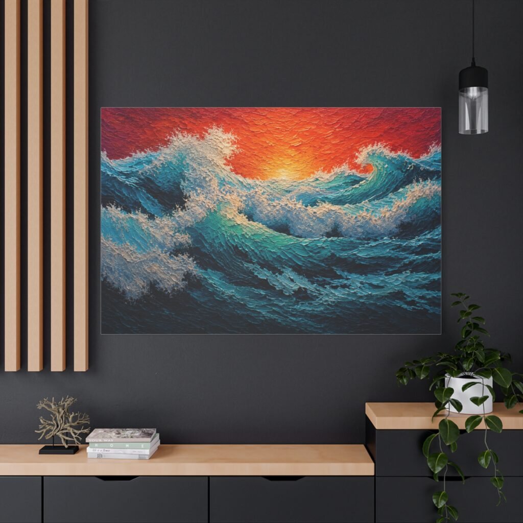 Sunset Ocean Waves Matte Canvas Wall Art (Stretched)