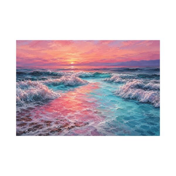 Sunset Ocean Canvas Print — Pink & Teal Seascape Matte Stretched Wall Art - Image 1