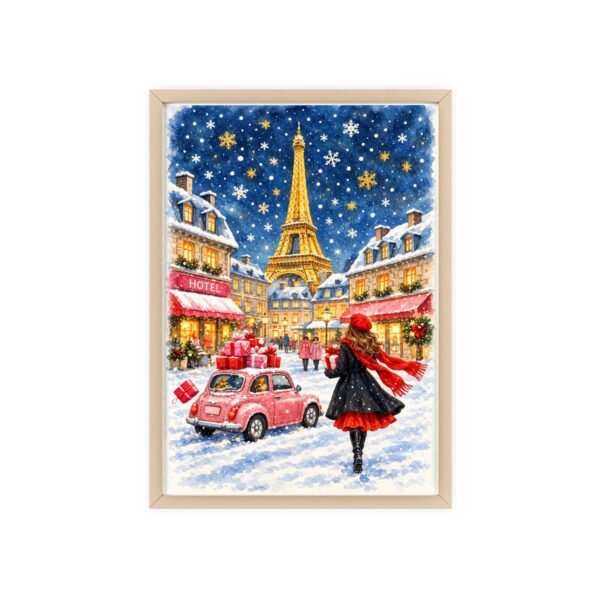 Paris Winter Holiday Poster with Wooden Frame — Eiffel Tower Christmas Street Scene - Image 105