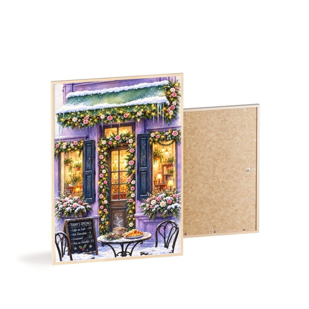 Winter Café Framed Poster — Cozy Snowy Bistro Wall Art