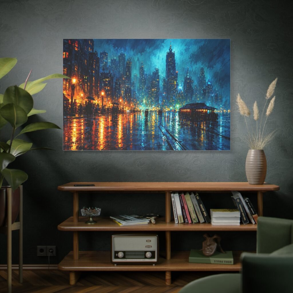 City Lights Matte Canvas Print — Rainy Night Urban Skyline Wall Art