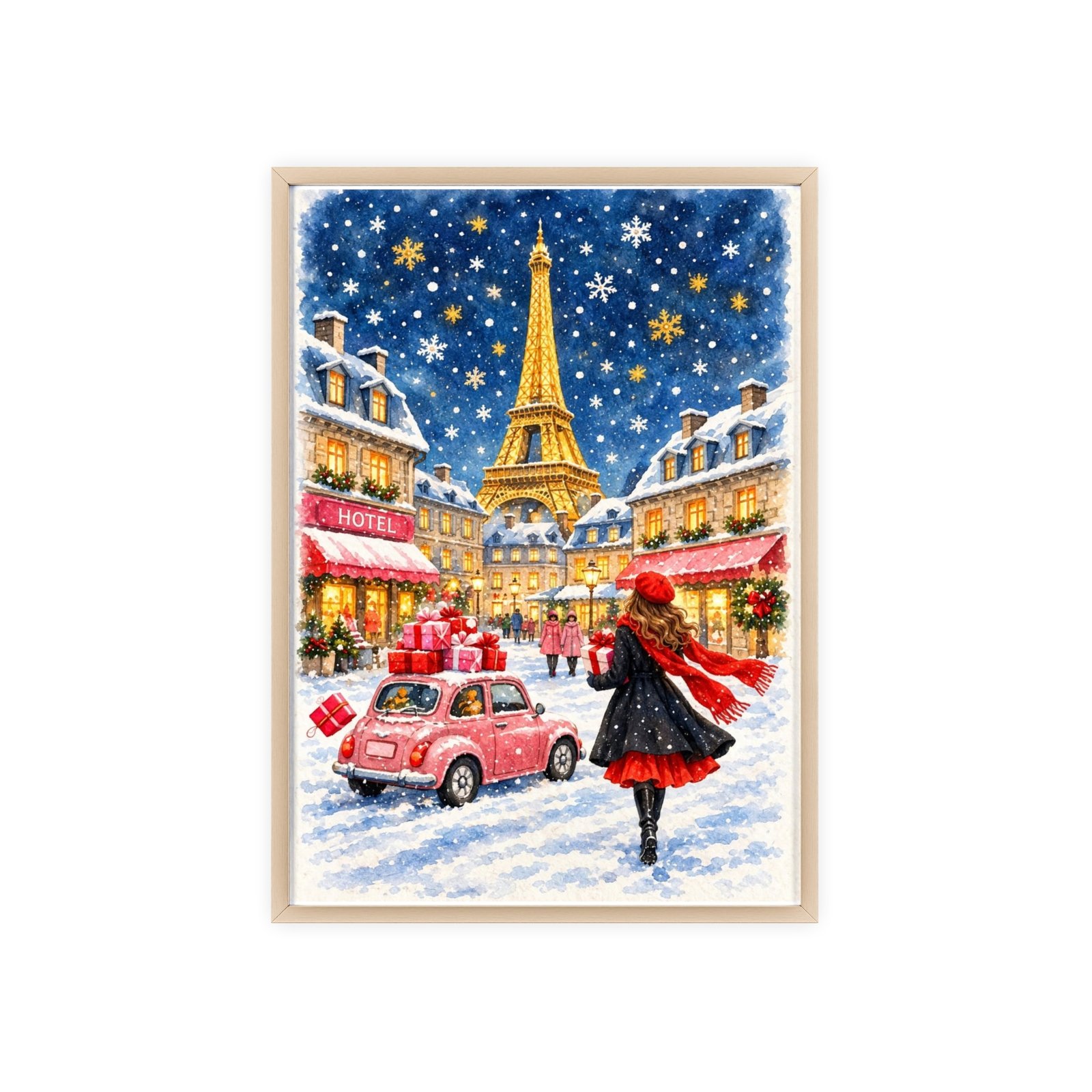 Paris Winter Holiday Poster with Wooden Frame — Eiffel Tower Christmas Street Scene - Image 85