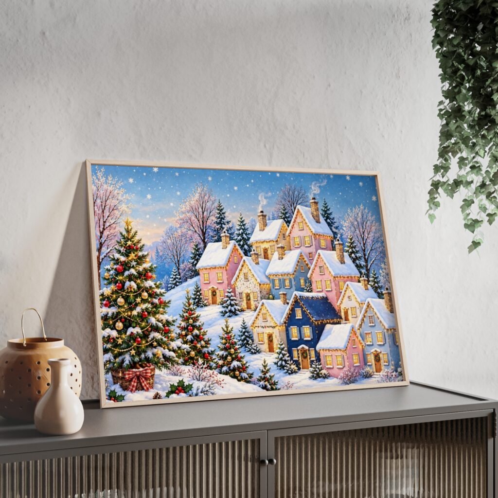 Winter Village Christmas Poster with Wooden Frame