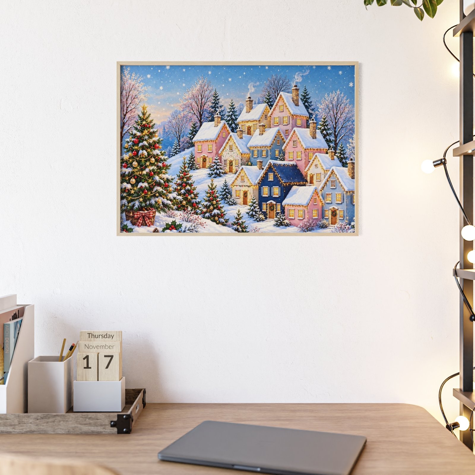 Winter Village Christmas Poster with Wooden Frame - Image 2
