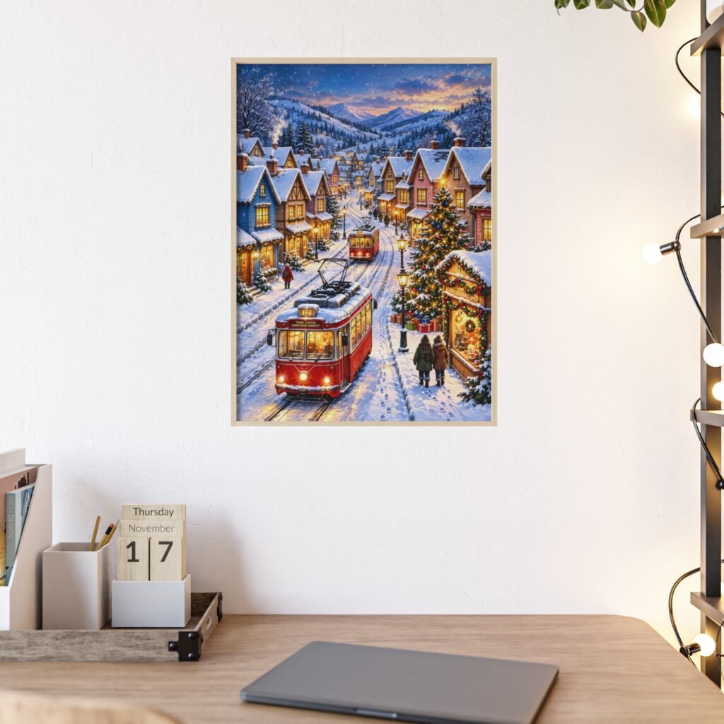 Framed Winter Village Poster — Snowy Streetcar Christmas Wall Art