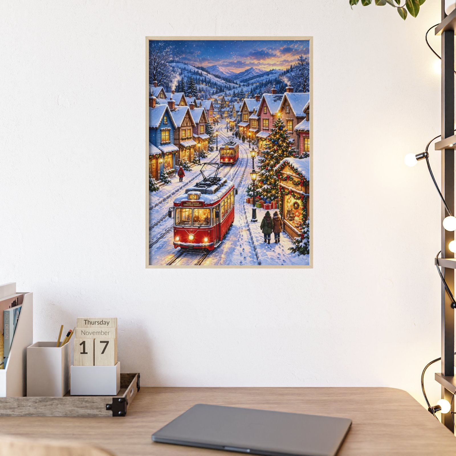Framed Winter Village Poster — Snowy Streetcar Christmas Wall Art - Image 2