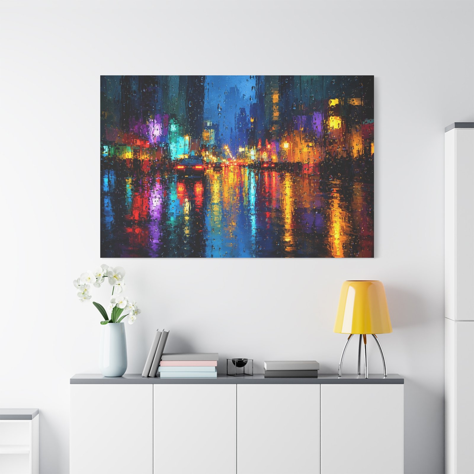 City Nightscape Matte Canvas Print - Colorful Rainy Street Reflection, Stretched 1.25" - Image 3