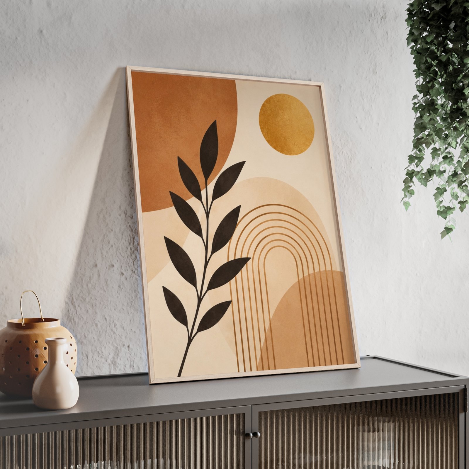 Abstract Boho Botanical Poster with Wooden Frame — Midcentury Earth Tone Wall Art - Image 2