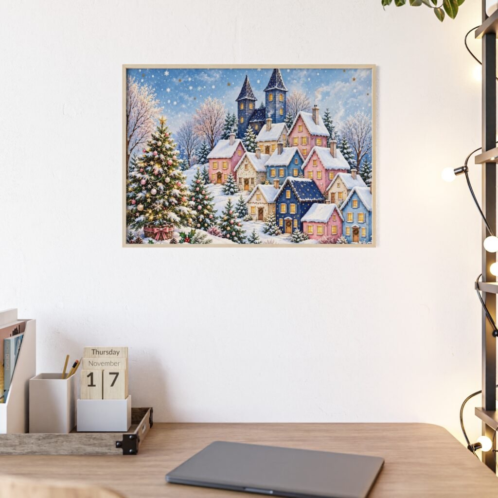 Framed Winter Village Poster – Snowy Christmas Town Wall Art