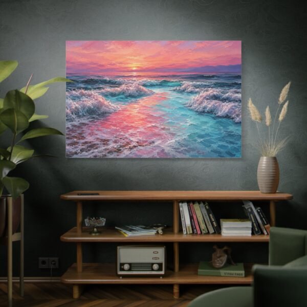 Sunset Ocean Canvas Print — Pink & Teal Seascape Matte Stretched Wall Art - Image 5