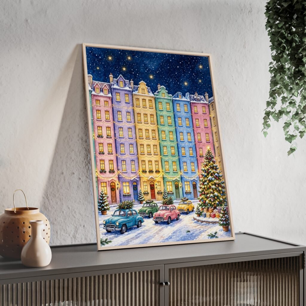Framed Holiday Street Poster — Colorful Snowy Town Christmas Wall Art