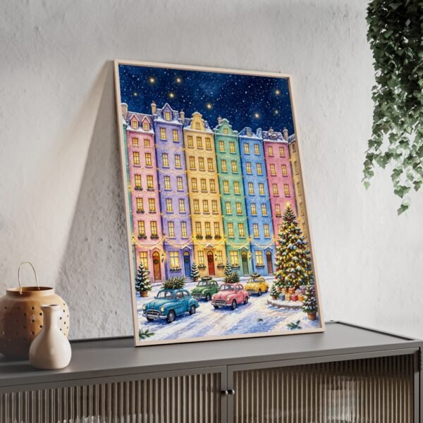 Framed Holiday Street Poster — Colorful Snowy Town Christmas Wall Art - Image 3