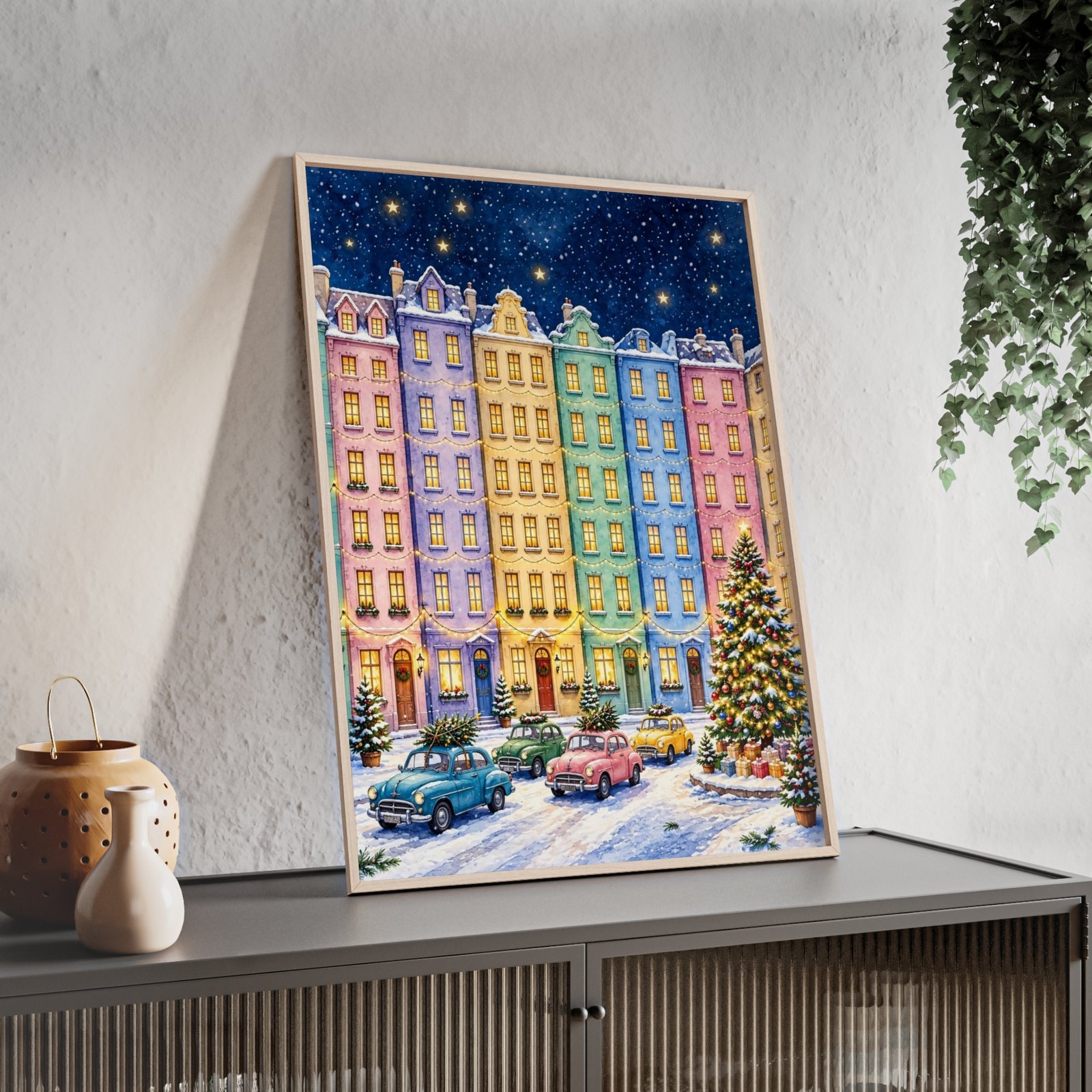 Framed Holiday Street Poster — Colorful Snowy Town Christmas Wall Art - Image 3