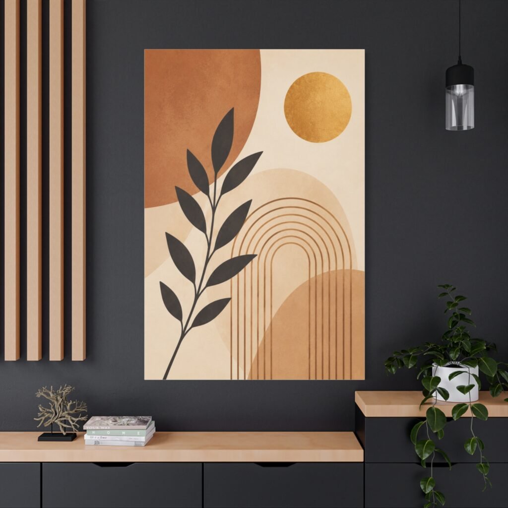 Abstract Boho Leaf Canvas Wall Art — Neutral Earth Tone Sun & Rainbow