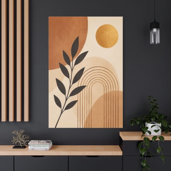 Abstract Boho Leaf Canvas Wall Art — Neutral Earth Tone Sun & Rainbow - Image 4