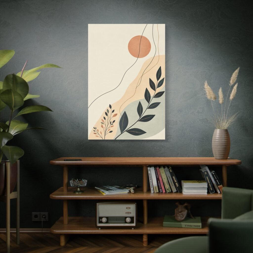 Abstract Botanical Canvas Wall Art — Minimal Sun & Leaf Matte Stretched Canvas