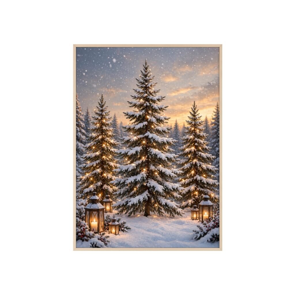 Winter Lantern Forest Poster with Wooden Frame — Snowy Pine Holiday Wall Art