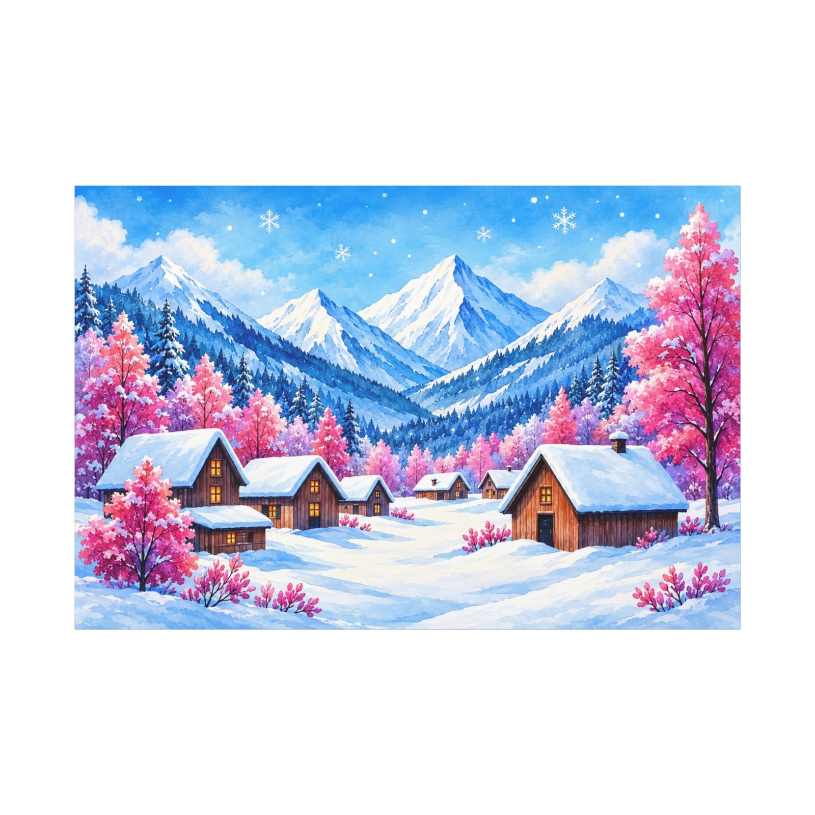 Winter Cabin Canvas Wall Art — Snowy Mountain Village Matte Stretched Print - Image 1