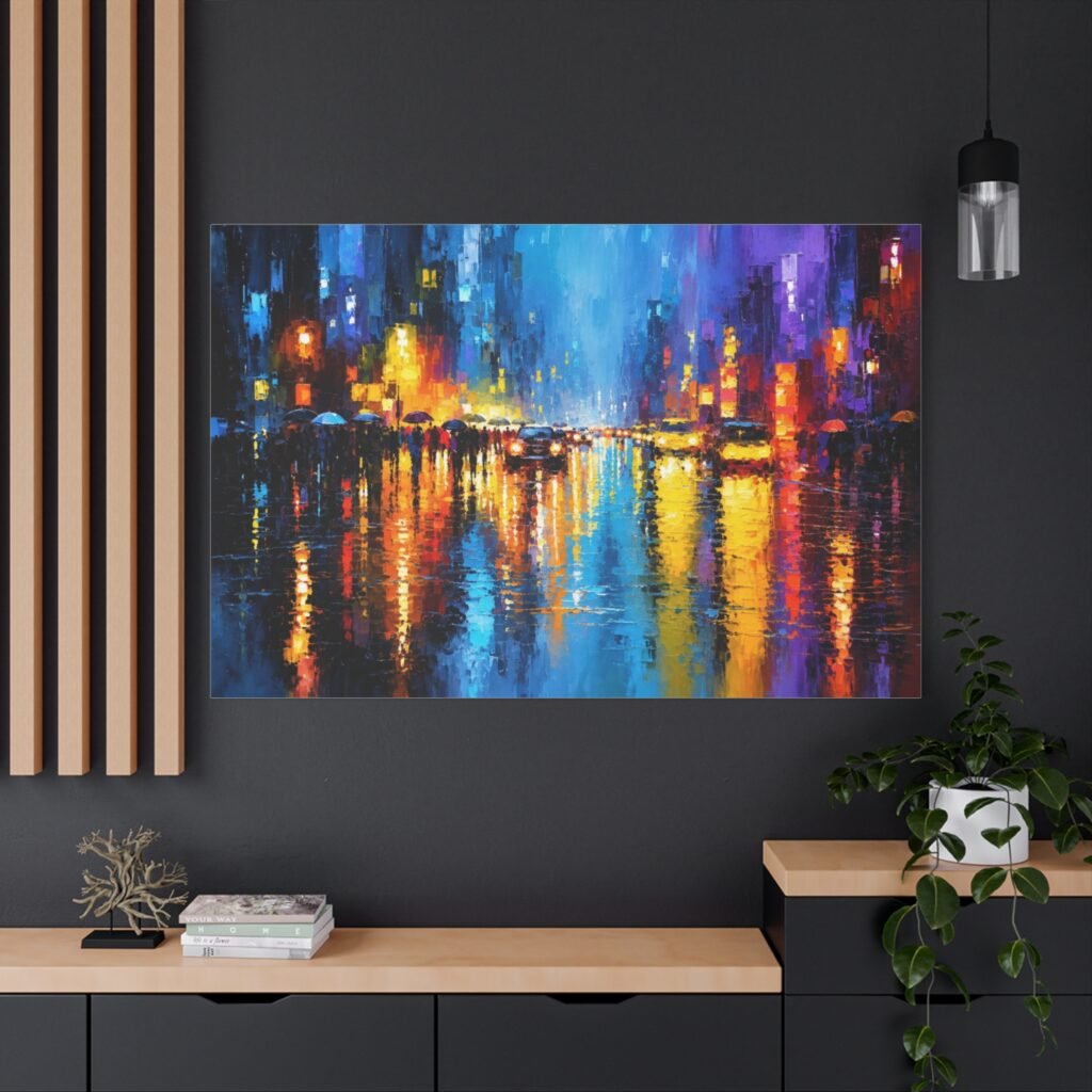 City Lights Rainy Night Matte Canvas Wall Art — Vibrant Urban Landscape Painting
