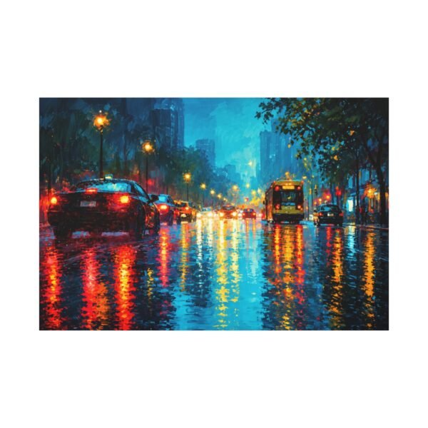 City Rainscape Matte Canvas Print — Urban Night Street Reflections - Image 1