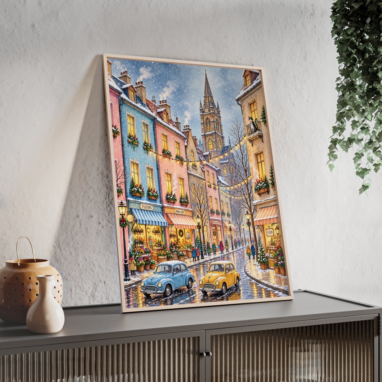 Vintage European Street Poster with Wooden Frame — Cozy Winter City Wall Art - Image 3
